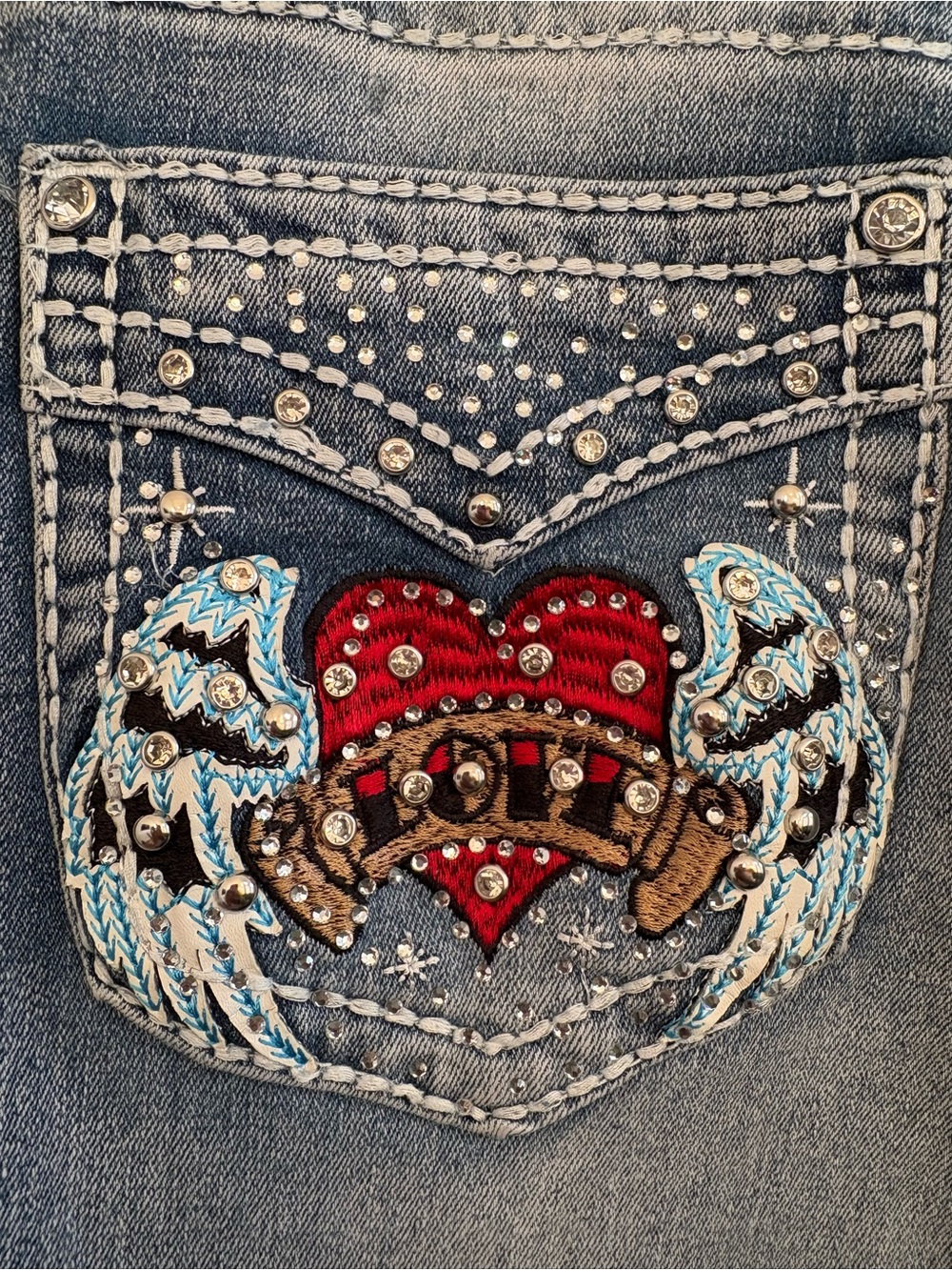 Sky Women's Light Blue Bootcut Jeans with Red Heart & Wing Embroidery - Picture 3 of 6